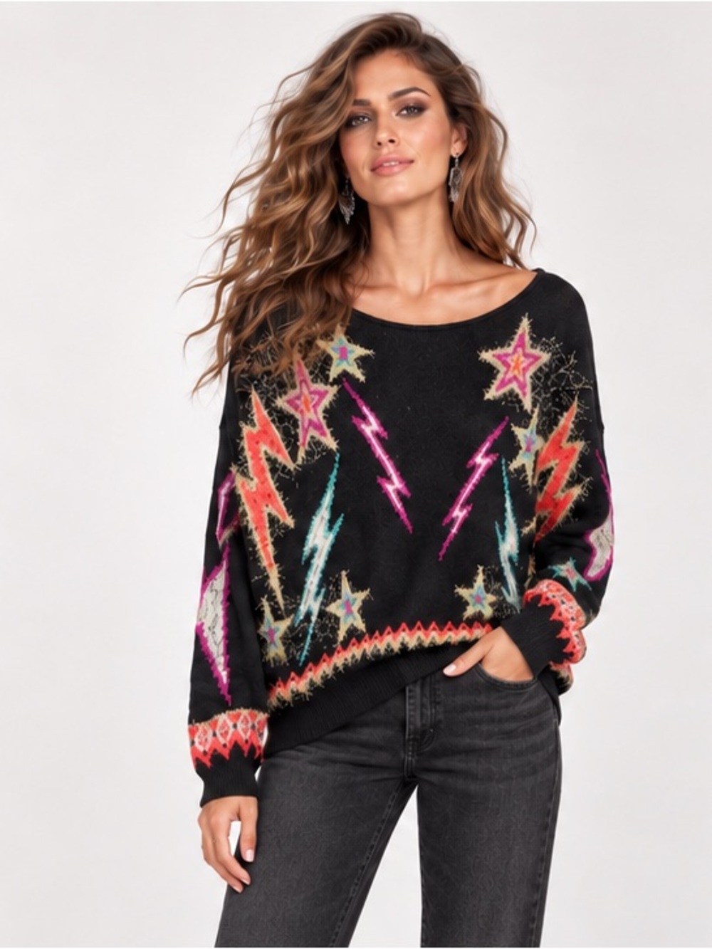 Pilcro Black Star & Lightning 80’s Whimsigoth Artsy Grunge Knit Sweater Medium
